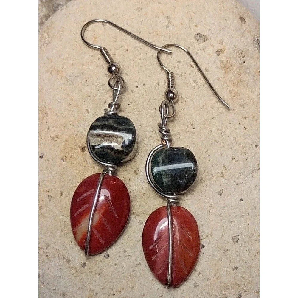 Carved Jasper Leaf Stone Geode Dangle Earrings